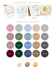 Load image into Gallery viewer, The image is a collage of various printing methods and their corresponding ink colors, along with options for foil.