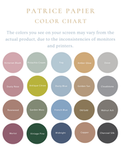 Load image into Gallery viewer, The image is a color chart that displays various color swatches, likely used for selecting paint colors or design elements.