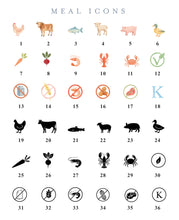 Load image into Gallery viewer, a collection of meal icons, including various animals such as chicken, cow, pig, and duck, as well as different types of food like shrimp, crab, and vegetables like carrots and radishes. The icons are arranged in a grid format, with each icon accompanied by a number and a letter. The image does not contain any text, and the icons are not described in detail.