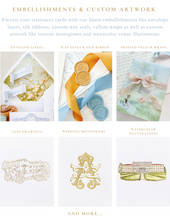 Load image into Gallery viewer, The image is a collage of various embellishments and custom artwork, including envelope liners, wax seals &amp; silk ribbon, printed vellum wraps, line drawings, wedding monograms, and watercolor illustrations.
