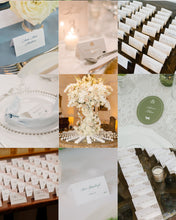 Load image into Gallery viewer, The image is a collage of various wedding-related elements, including place settings, floral arrangements, and seating cards.
