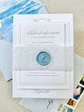 Load image into Gallery viewer, Tropical leaf envelope liner and fine art stationery for beach wedding invitations
